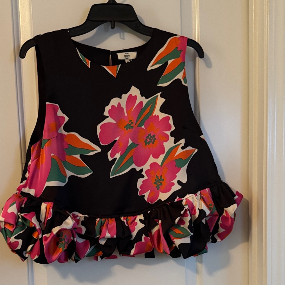 Entro Black and Pink Floral Ruffle Blouse